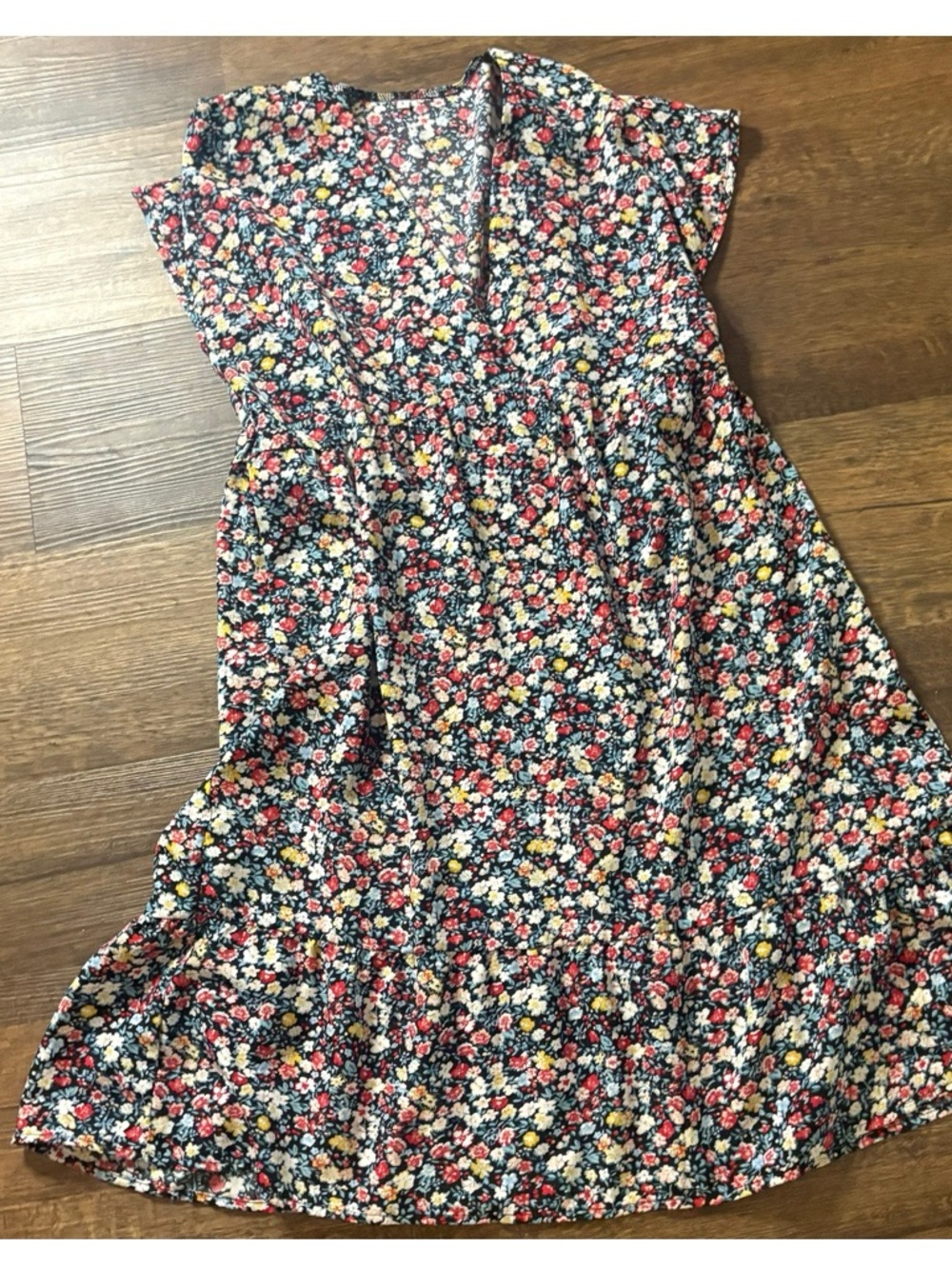 Women’s Floral V-Neck Summer Dress - Navy with Red & Yellow Flowers